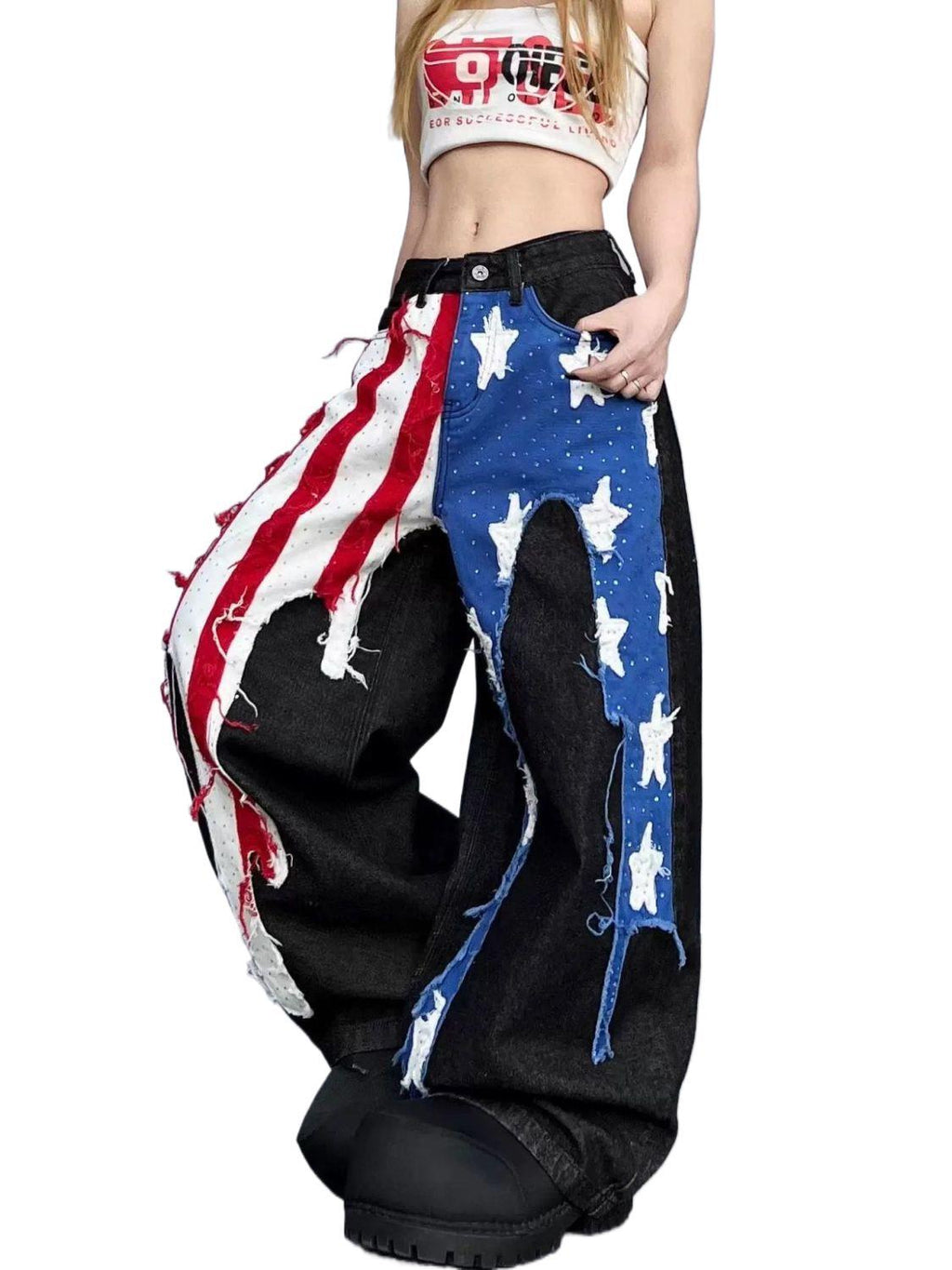 Women's American-style Washed Striped Heat-pressed Patch Jeans