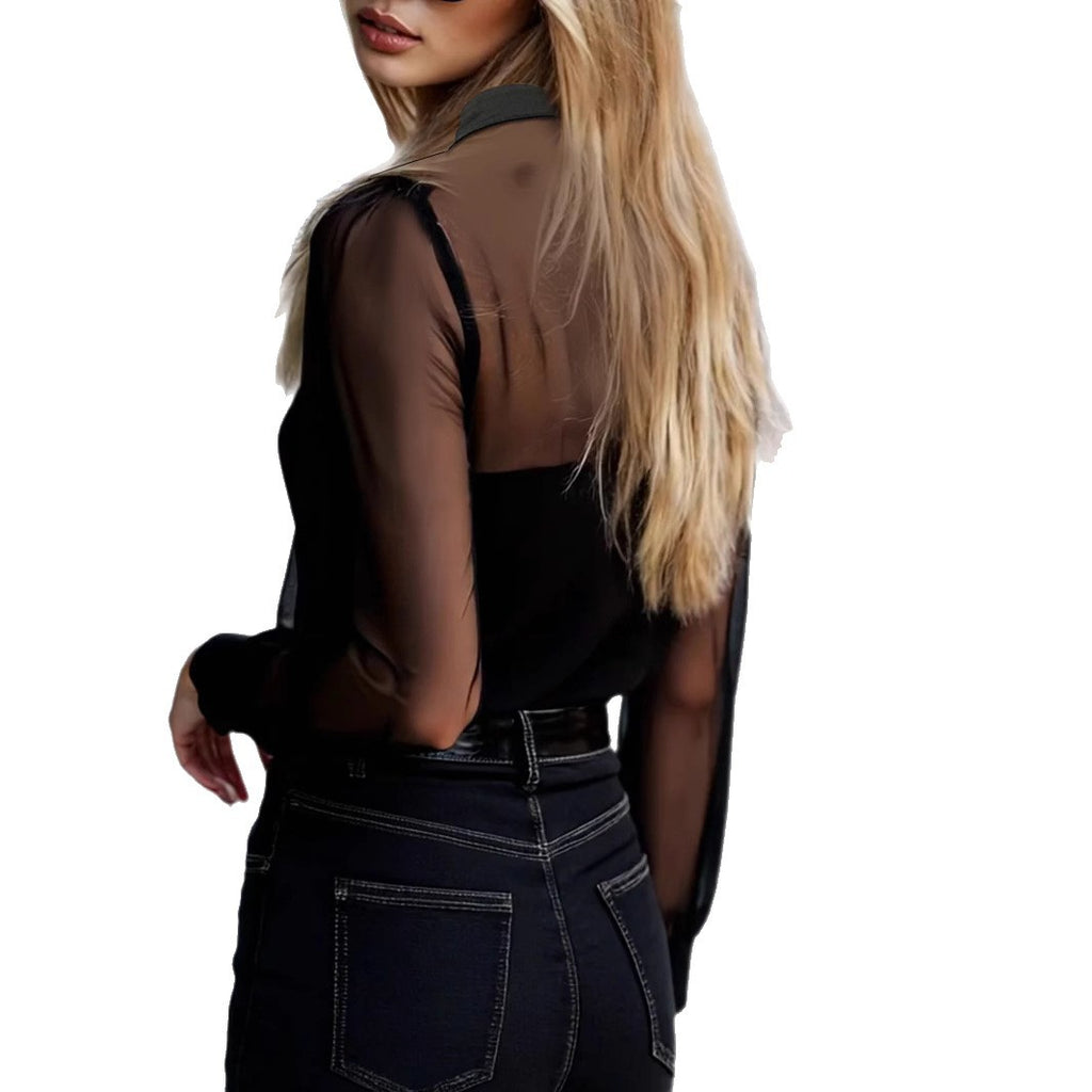Black Elegant Mesh-Panel Blouse With A Sophisticated Vibe