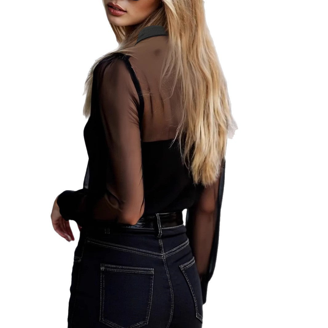 Black Elegant Mesh-Panel Blouse With A Sophisticated Vibe