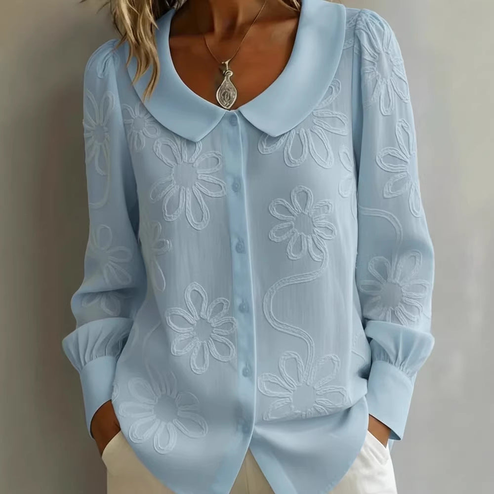 Damen-Langarmshirt mit besticktem Jacquard-Muster und Puppenkragen