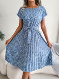 Women   Casual Short Sleeve Floral Print Flowy Pleated Skirt