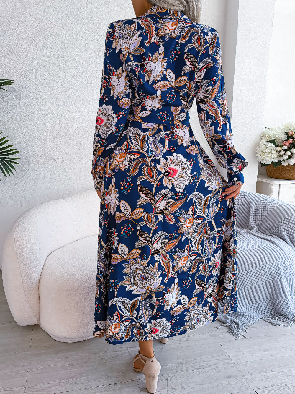 Women  Vintage Floral Print Lapel Tie Waist Shirt Maxi Dress