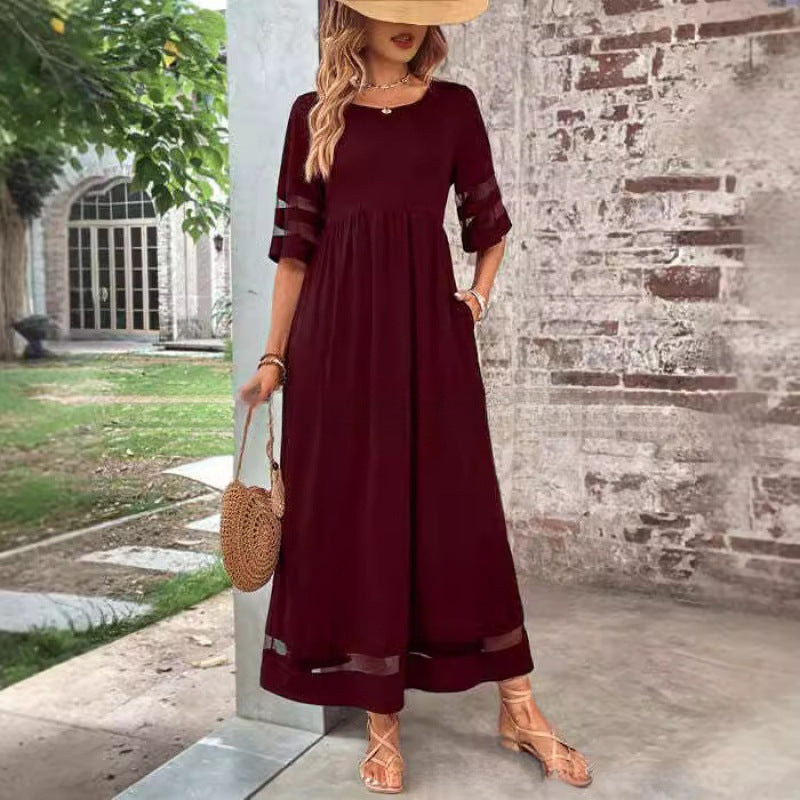 Womens Half-Sleeve Mesh Crew-Neck Patchwork Pocket Dress