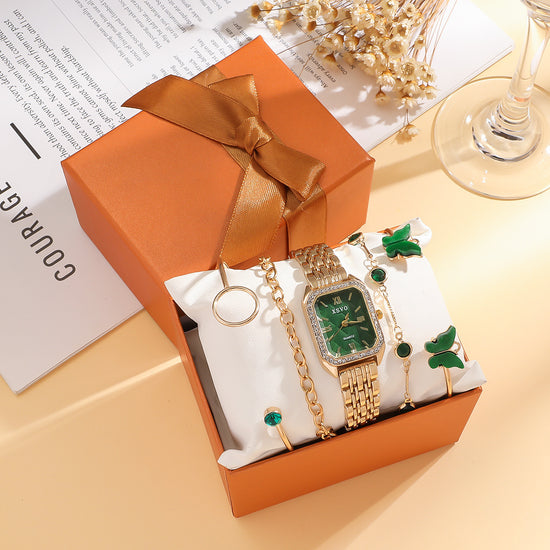 Wild Emerald Square Stahluhr mit Schmetterlingsarmband, 5-teiliges Geschenkset