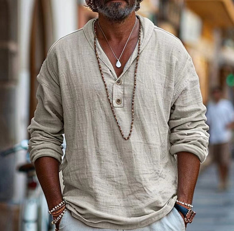 Retro cotton and linen casual long-sleeved shirt from Bucciato, featuring a relaxed fit and natural fabric textures.