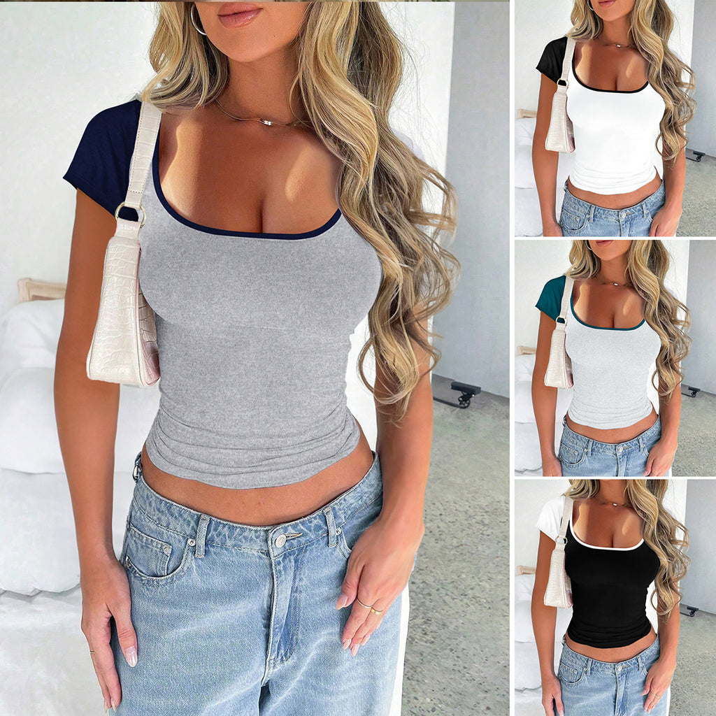 European And American Y2g Slim U-neck Contrast Color Short Sleeve