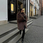 Soft mid-length faux fur coat with a Peter Pan collar, women&
