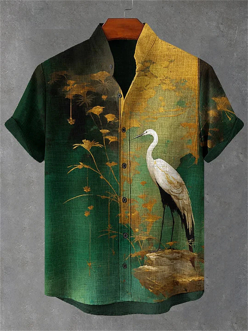 Men's Printed Short-Sleeve Stand-Up Collar Top