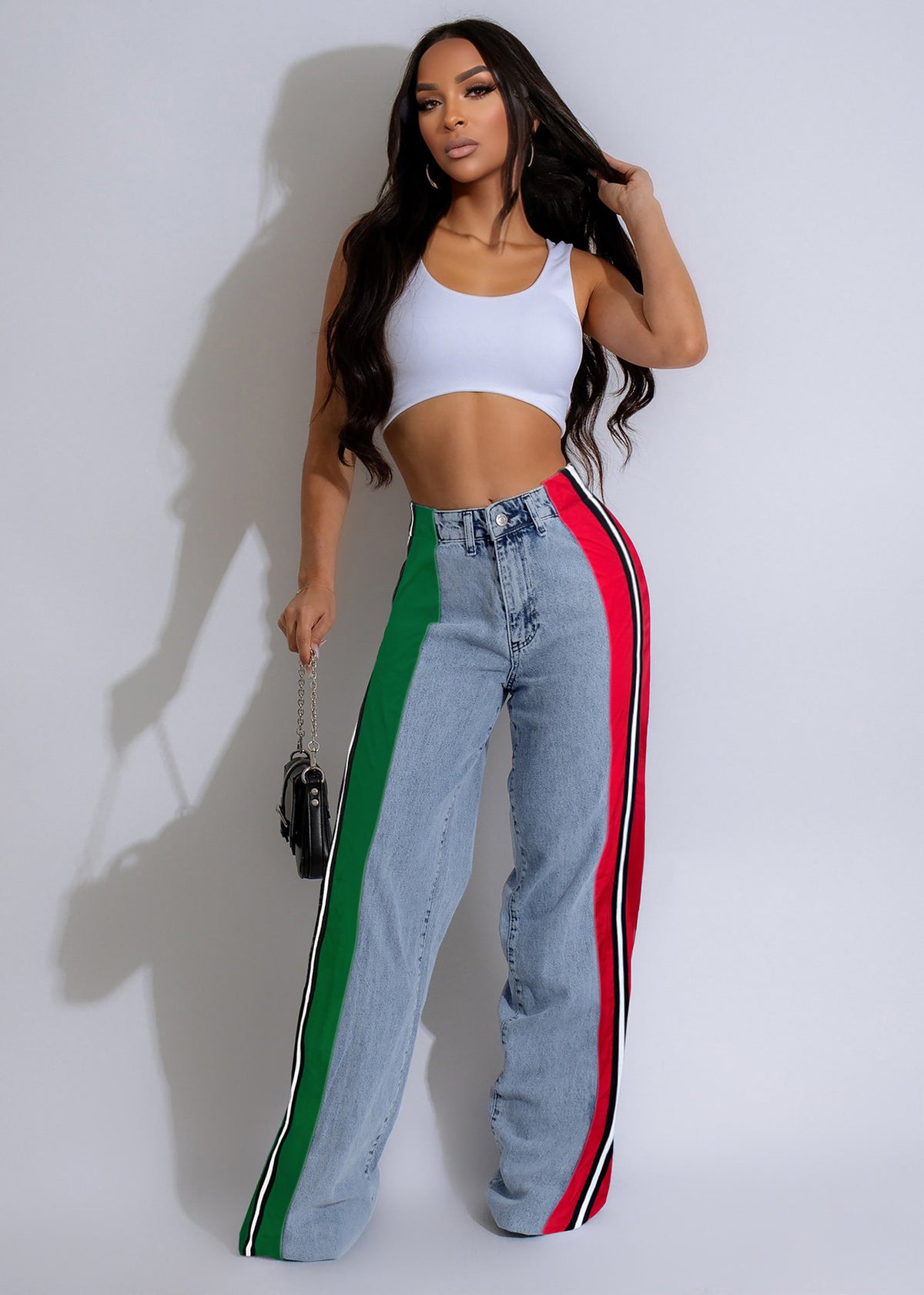 Stylish patchwork striped contrasting denim jeans for women, featuring luxury designer details and multi-tone denim fabric.