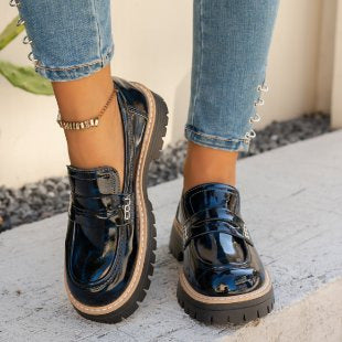New Autumn Leather Belt-Buckle Patent Leather Leopard-Print Vintage Women's Shoes