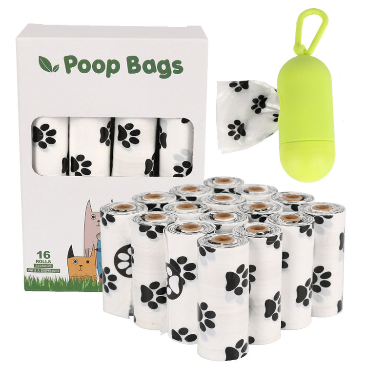 Biodegradable dog poop bags from Bucciato, with a roll of waste disposal bags for pet cleanup and waste disposal.