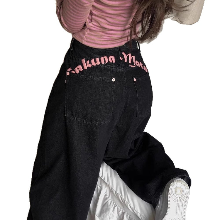 Letter-embroidered printed high-waist slimming straight-leg jeans by Bucciato, featuring luxury designer denim and stylish details.