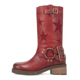 Women’s stitched belt buckle low-heeled ankle boots featuring a stylish design and durable construction from Bucciato.