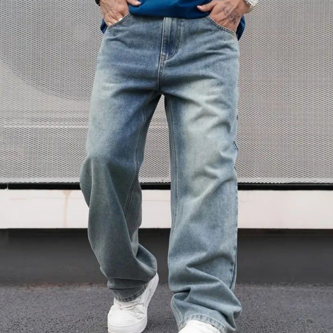 Men's Casual Straight Wash Jeans - Light Blue Loose Fit Ob