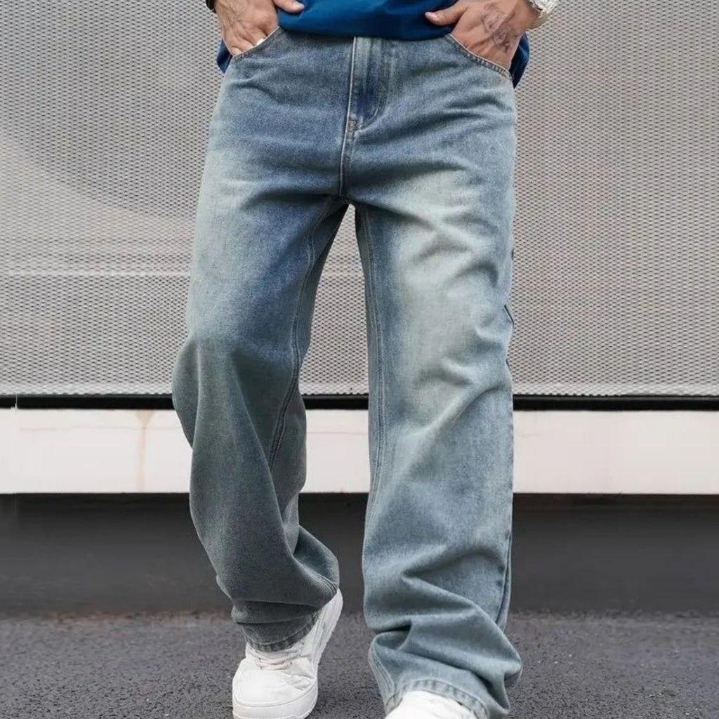 Men's Casual Straight Wash Jeans - Light Blue Loose Fit Ob