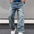 Men's Casual Straight Wash Jeans - Light Blue Loose Fit Ob