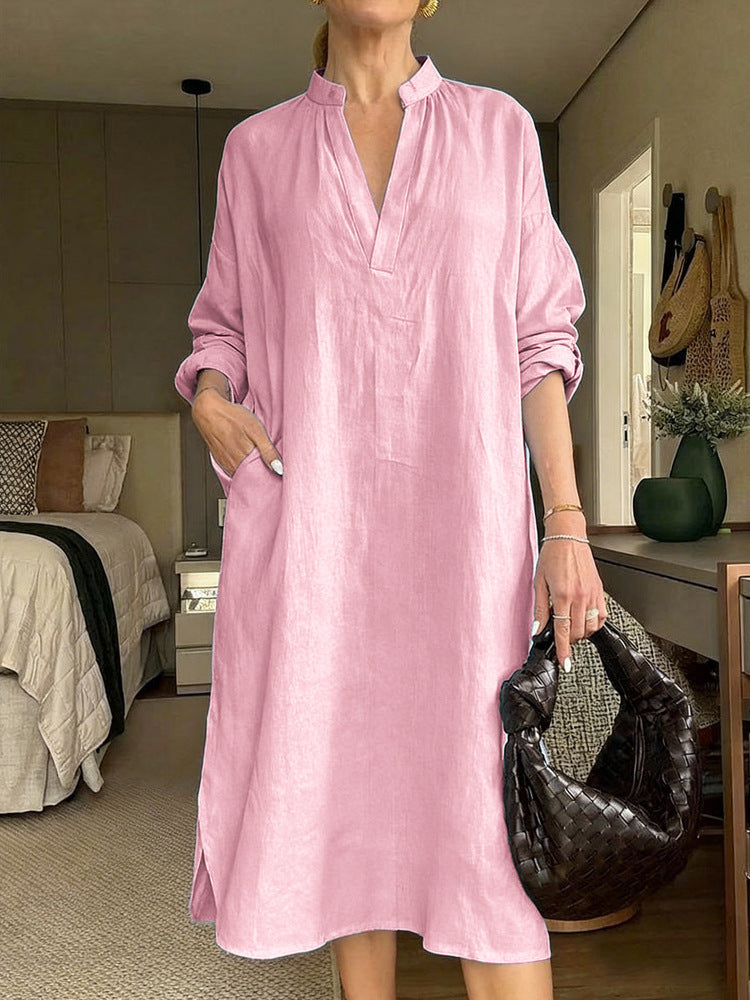 Women's Retro Cotton-Linen Long-Sleeve V-Neck Pocket Dress