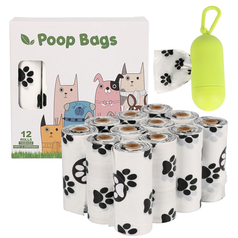 Biodegradable dog poop bags for pet waste cleanup, shown in a pack from Bucciato Multi-Product Store, suitable for outdoor use.