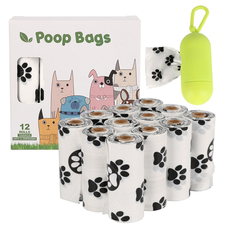 Biodegradable dog poop bags for pet waste cleanup, shown in a pack from Bucciato Multi-Product Store, suitable for outdoor use.