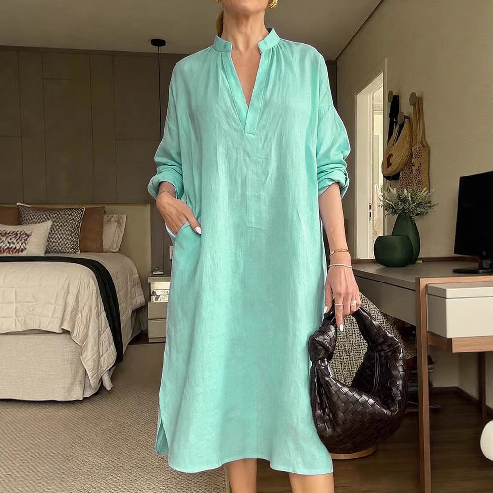 Women's Retro Cotton-Linen Long-Sleeve V-Neck Pocket Dress