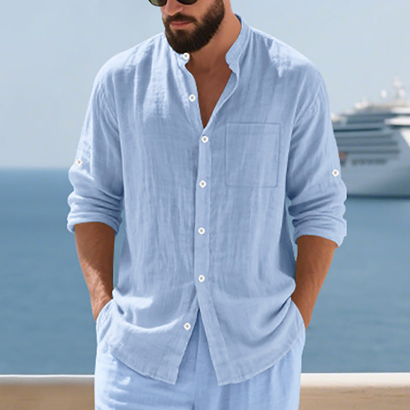Breathable Linen Men's Button-Up Stand-Collar Long-Sleeve Shirt