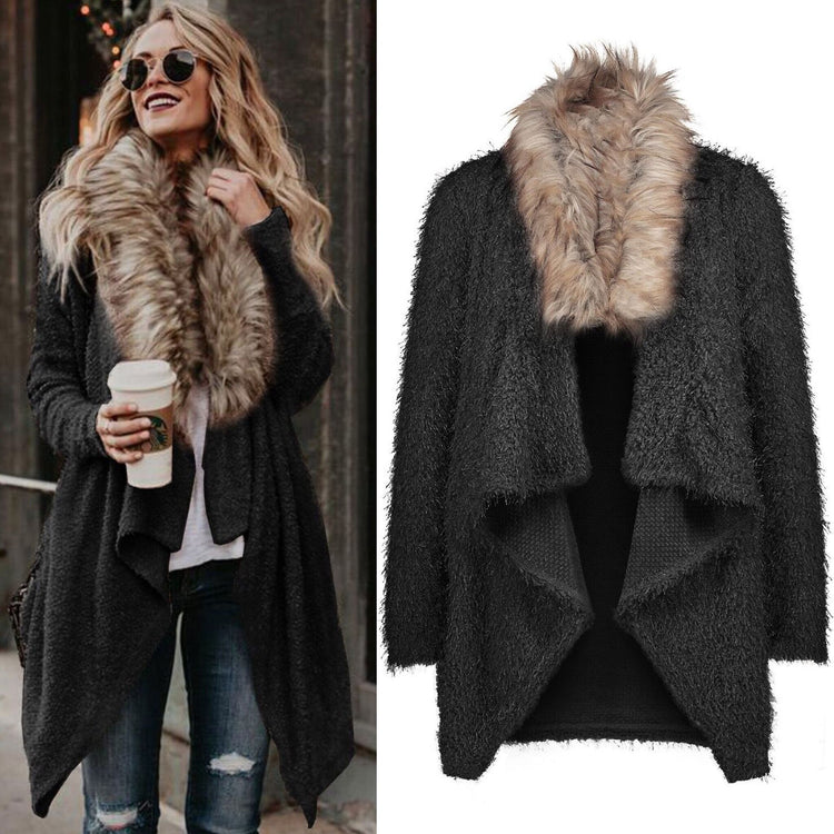 Women’s plush trench coat with fur collar, stylish outerwear by Bucciato featuring a cozy, elegant design in neutral tones.