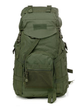 Camouflage backpack for camping, hiking, travel, and cycling featuring multiple compartments and adjustable straps.