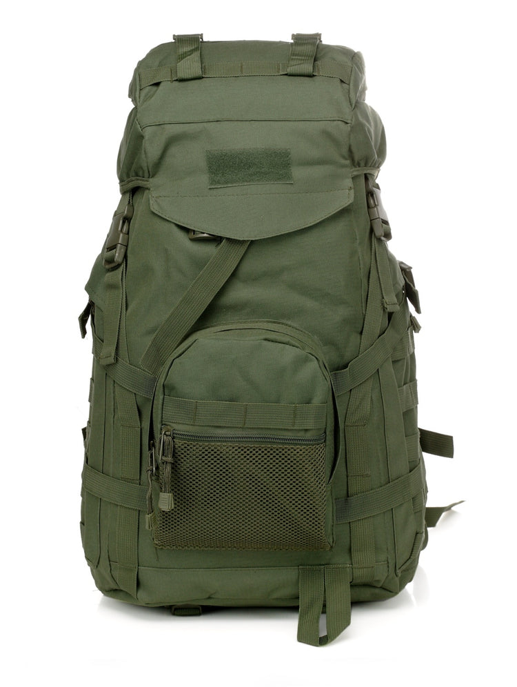 Camouflage backpack for camping, hiking, travel, and cycling featuring multiple compartments and adjustable straps.
