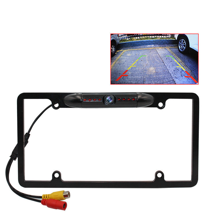 Bucciato Multi-Product Store American frame reverse camera mounted on a car license plate for automotive rearview assistance.