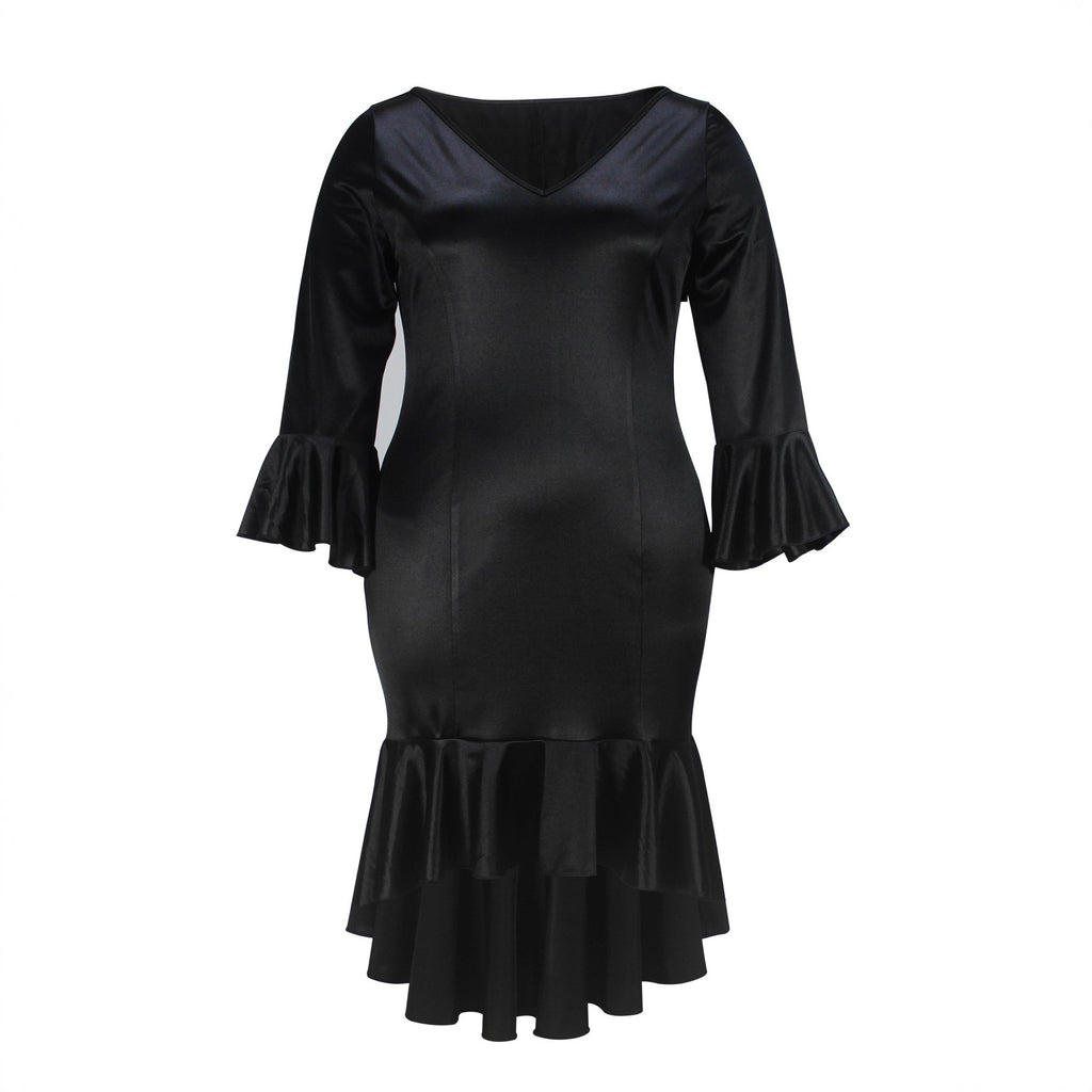 Womens Flared Sleeve Long-Sleeve V-Neck Plus-Size Dress