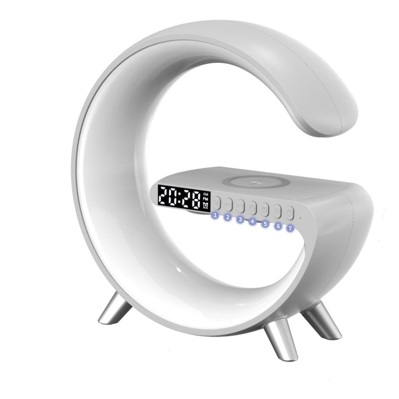Intelligente G-förmige LED-Lampe mit Bluetooth-Lautsprecher, kabellosem Ladegerät und App-Steuerung für stimmungsvolles Ambiente – ideal für Schlafzimmer und Wohnaccessoires