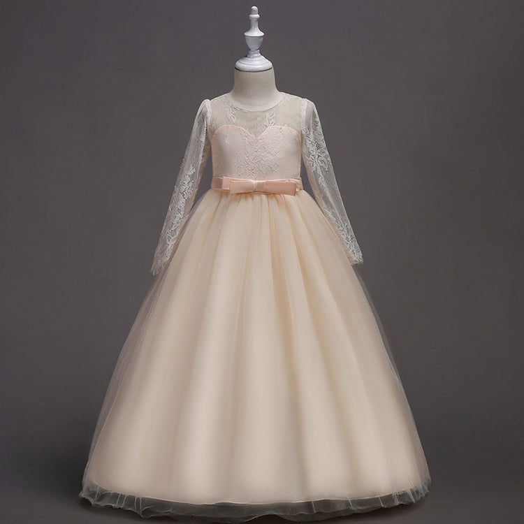 Long flower girl dress for kids by Bucciato, featuring floral details and elegant design perfect for special occasions.
