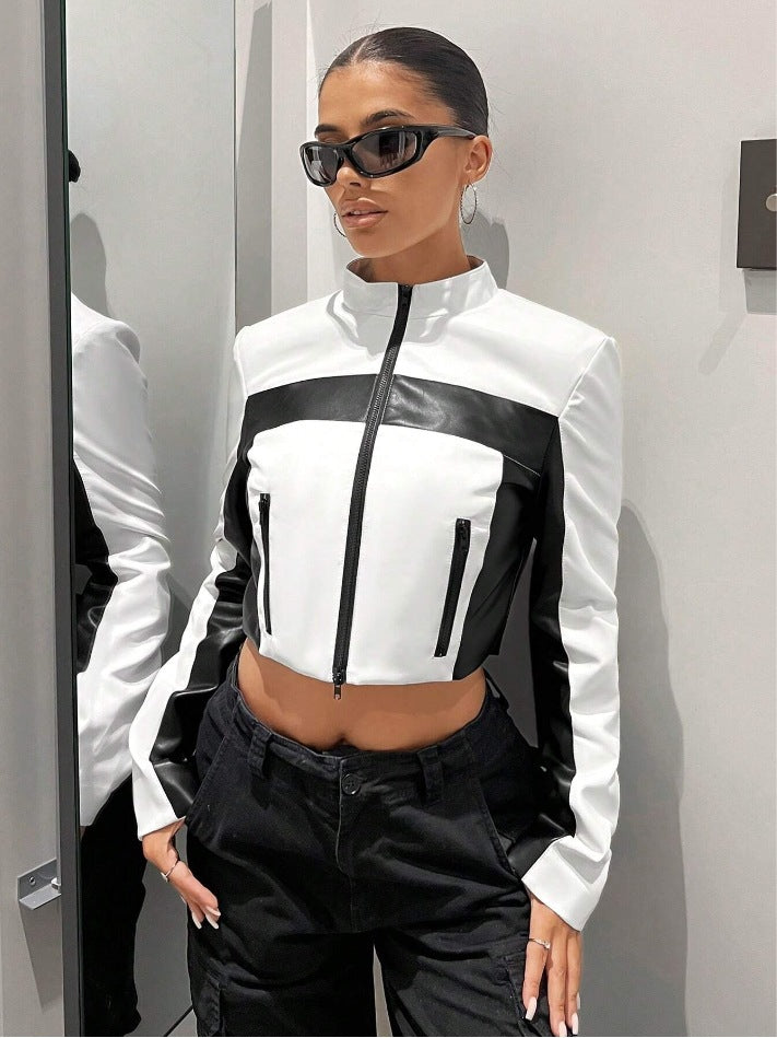Black and white contrast leather women&