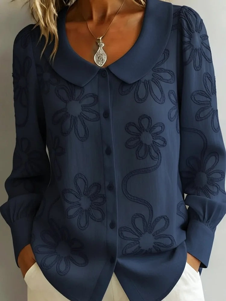 Women's Embroidered Jacquard Doll Collar Long-Sleeve Shirt