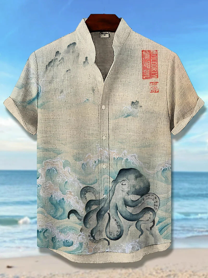 Men's Printed Short-Sleeve Stand-Up Collar Top