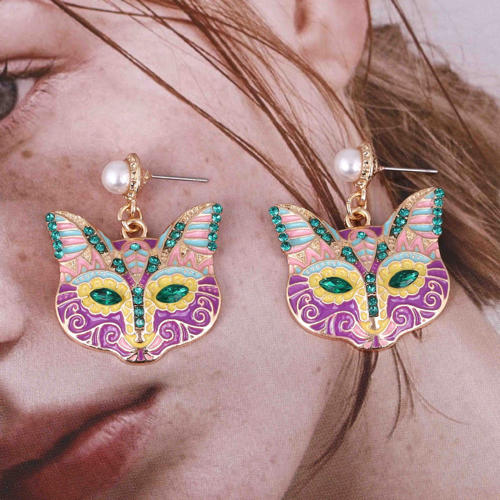 Cartoon Nine-Tailed Cat Face Alloy Earrings Inlaid With Colorful Diamonds