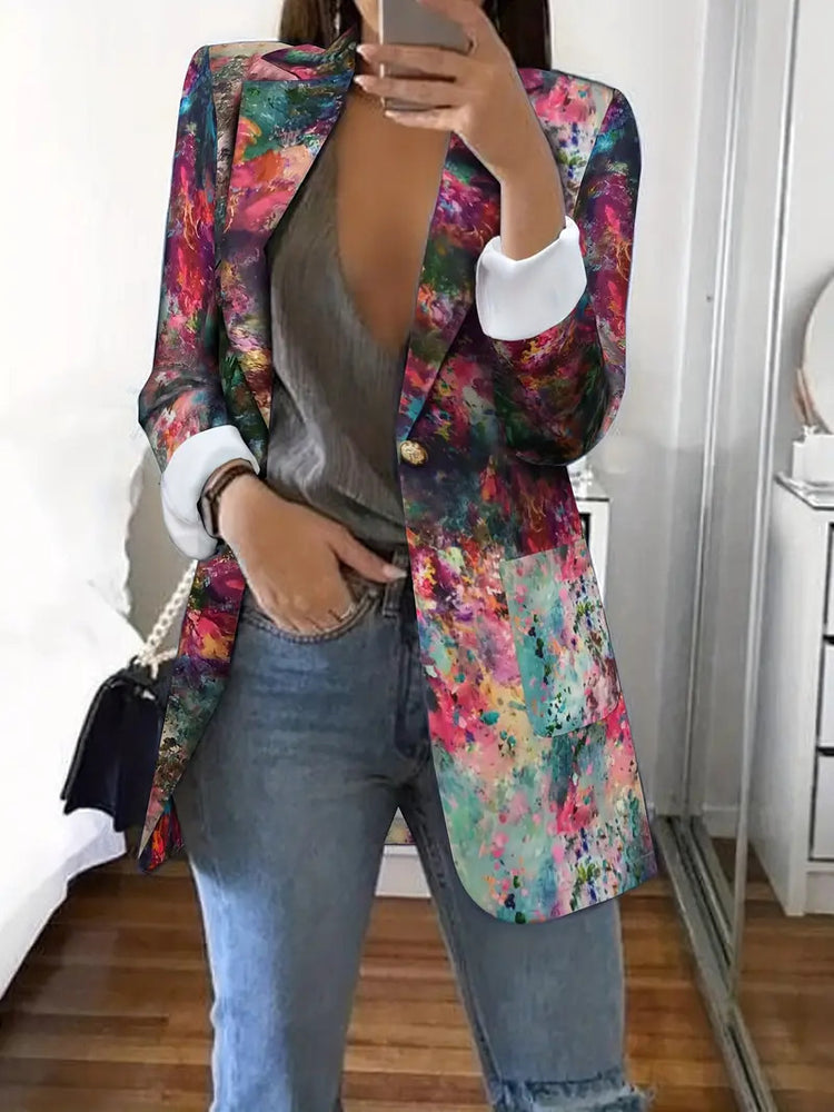 Colorful European and American style casual spring and autumn suit featuring vibrant patterns and modern fashion design.
