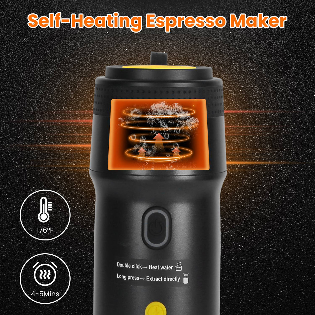 Portable Bucciato electric espresso machine with self-heating design, compact for car, camping, hiking, RV, home, and office use.