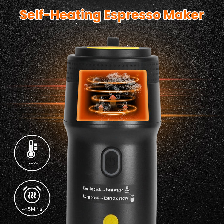 Portable Bucciato electric espresso machine with self-heating design, compact for car, camping, hiking, RV, home, and office use.