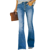 Women’s high-waist bell bottom jeans by Bucciato, washed out denim with flared legs, street style trendy women&