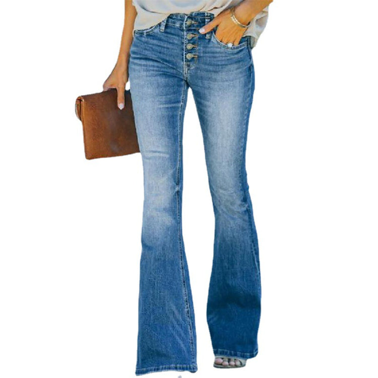 Women’s high-waist bell bottom jeans by Bucciato, washed out denim with flared legs, street style trendy women&