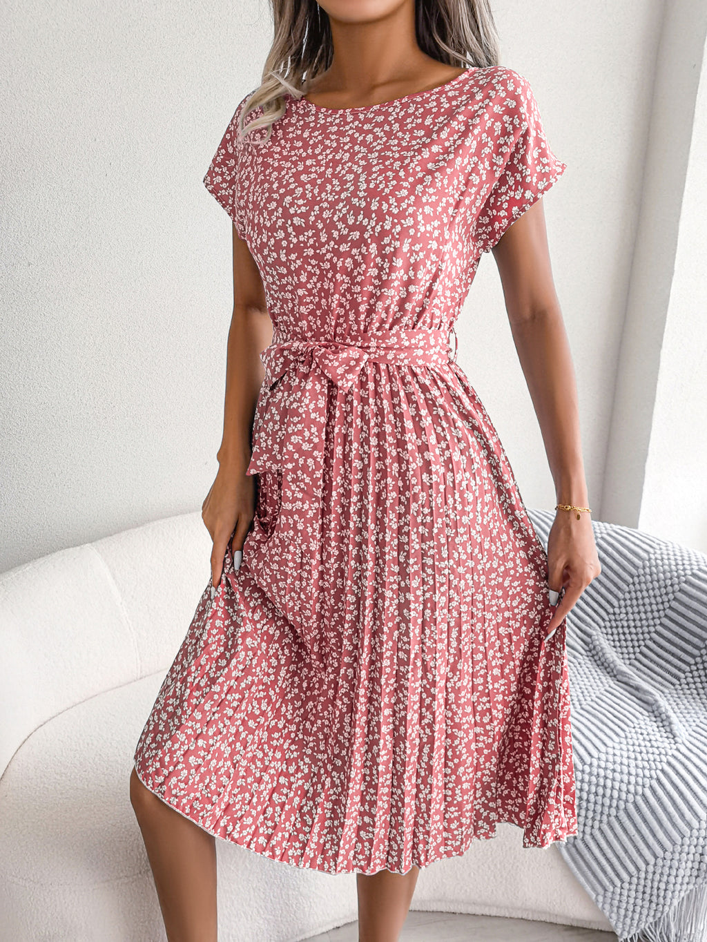 Women   Casual Short Sleeve Floral Print Flowy Pleated Skirt