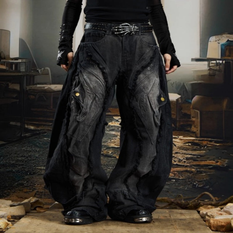 Heavy-duty Raw-edged Distressed-style Post-apocalyptic Loose-fit Jeans