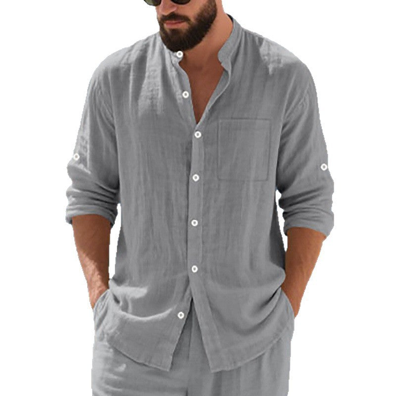 Breathable Linen Men's Button-Up Stand-Collar Long-Sleeve Shirt