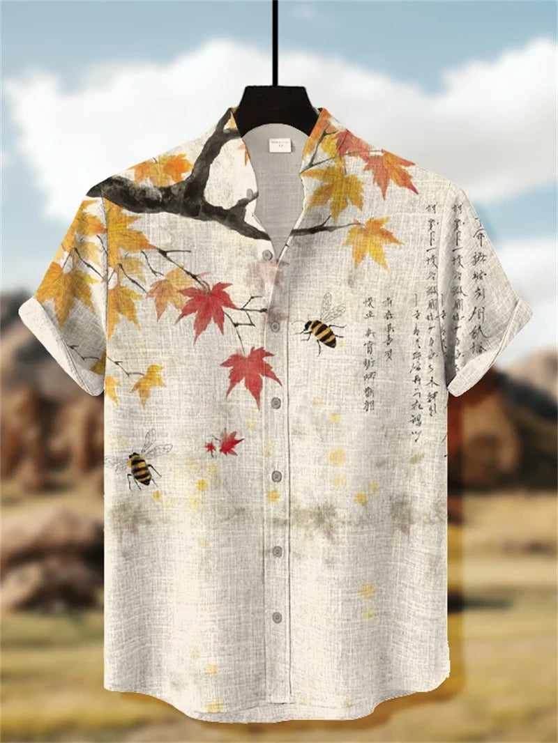 Men's Printed Short-Sleeve Stand-Up Collar Top