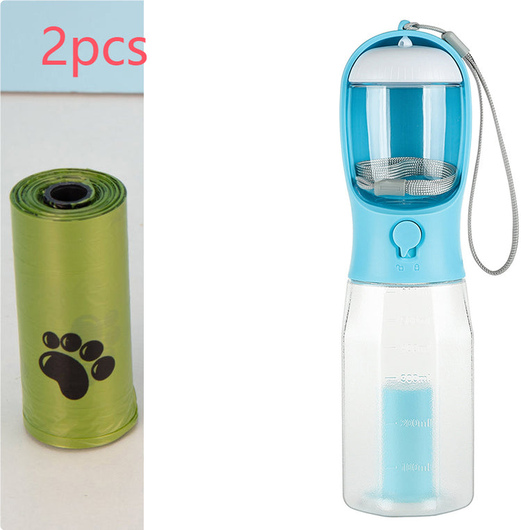 Portable 3-in-1 cat and dog water bottle feeder from Bucciato, leak-proof pet water dispenser with food and poop disposal functions.