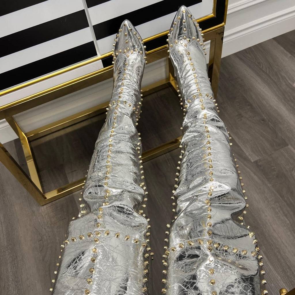 Explosive Gold-studded Stiletto-pointed Fashion Boots