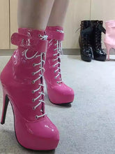 15cm black patent leather women’s high heel shoes with lace-up design, waterproof and lockable feature from Bucciato.