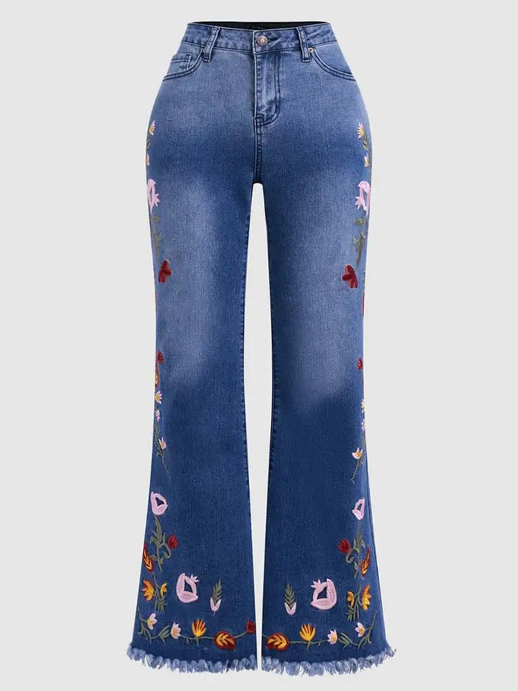 High-elasticity embroidered flared jeans for women, luxury designer denim with detailed embroidery, black color, fitted waist, and flared legs.