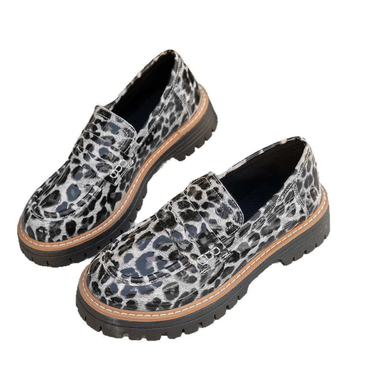 New Autumn Leather Belt-Buckle Patent Leather Leopard-Print Vintage Women's Shoes